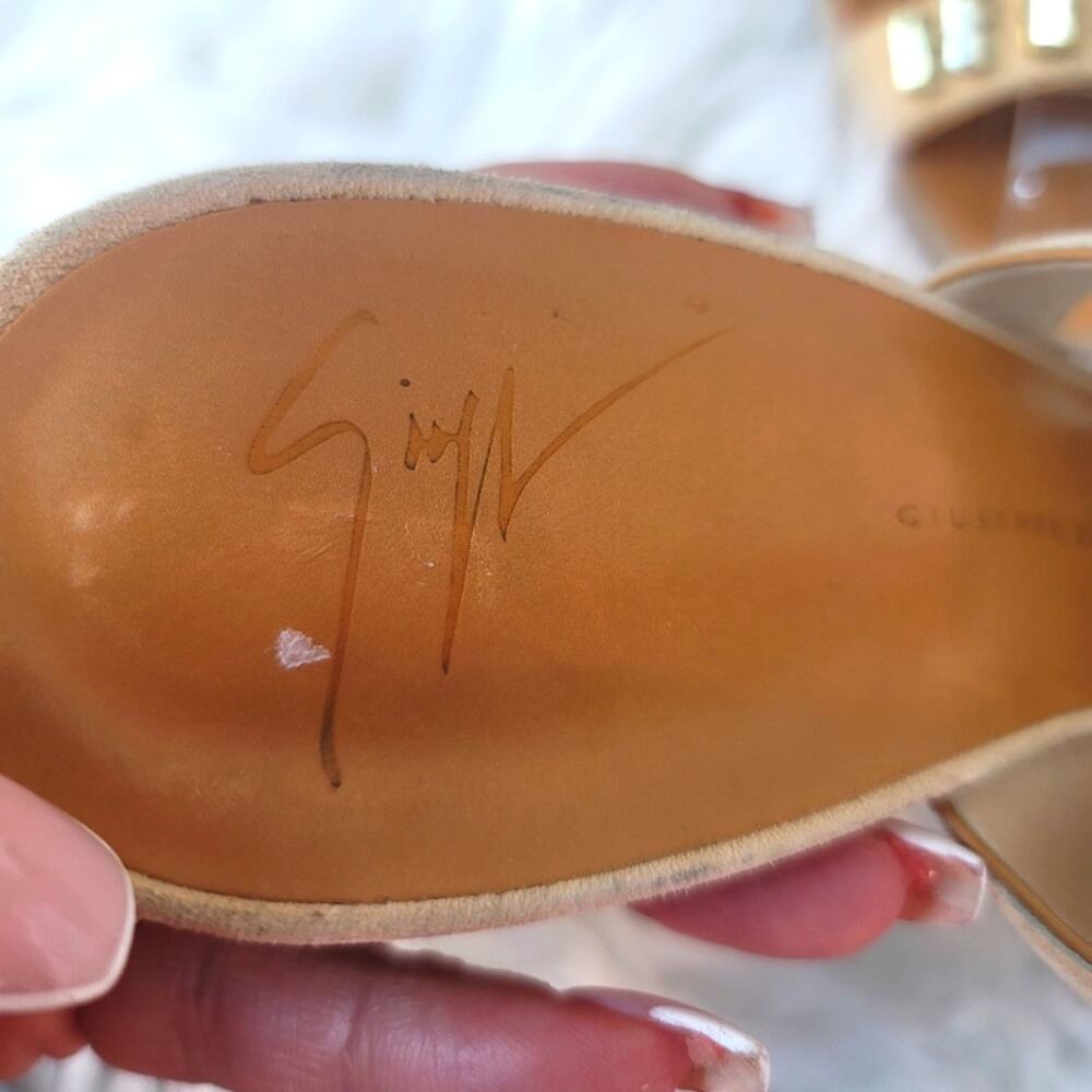 GIUSEPPE ZANOTTI Tan Leather Strappy Sandals w Crystal Embellished Italian 7.5 - Picture 13 of 16